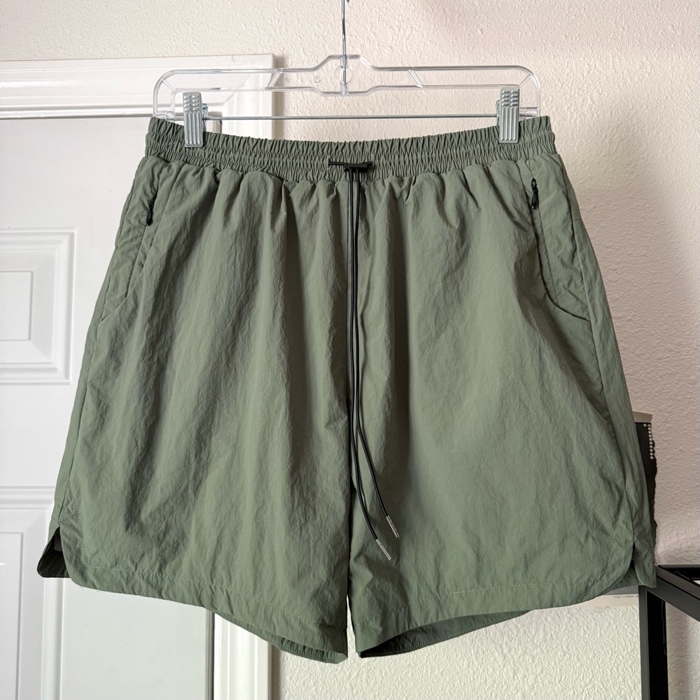 RICHIE LE Olive Sage nylon athletic elastic drawstring waist shorts